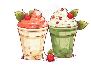 奶茶水果茶下午茶草莓石榴抹茶柠檬冰淇淋卡通插画免抠