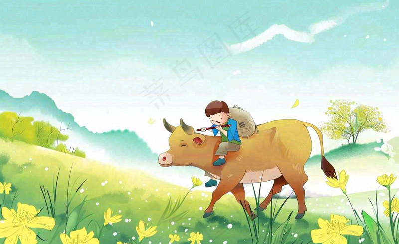 春天孩童放牛吹笛草地花丛出游清明时节卡通插画背景(1408x864)