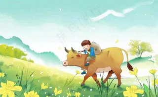 春天孩童放牛吹笛草地花丛出游清明时节卡通插画背景