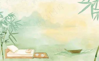 中国风古风山水画泛舟山竹青山清明端午时节清雅国画水墨画插画背景
