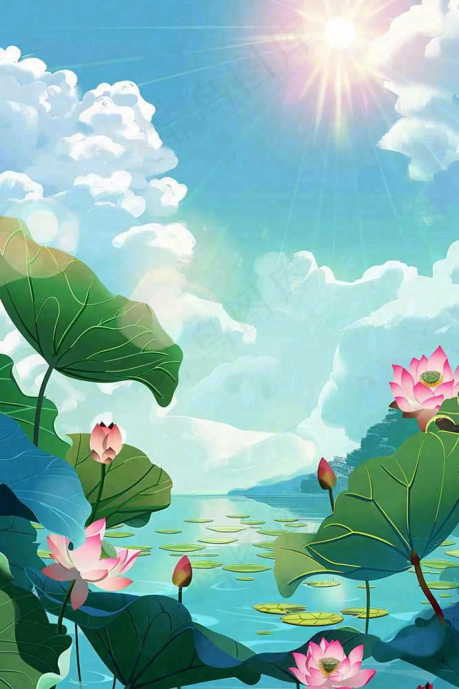 炎炎夏日烈日荷花池荷叶蓝天立夏小暑大暑处暑卡通插画背景(896x1344)