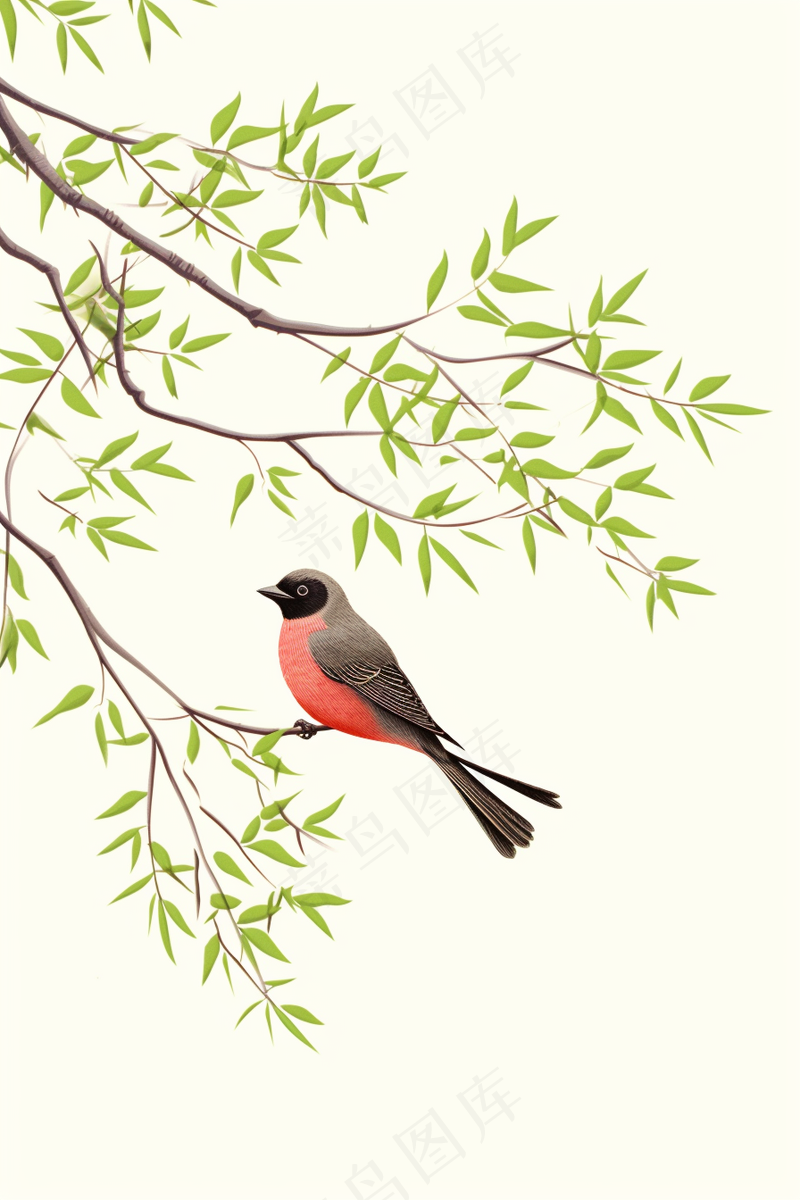 国风树枝上的小鸟静雅插画背景