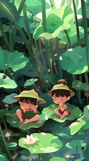 夏天池塘荷叶荷花下的儿童嬉水玩耍小清新绿色立夏小暑大暑夏至卡通插画背景
