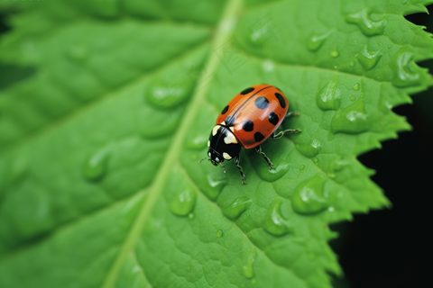 绿叶上的七星瓢虫特写摄影图