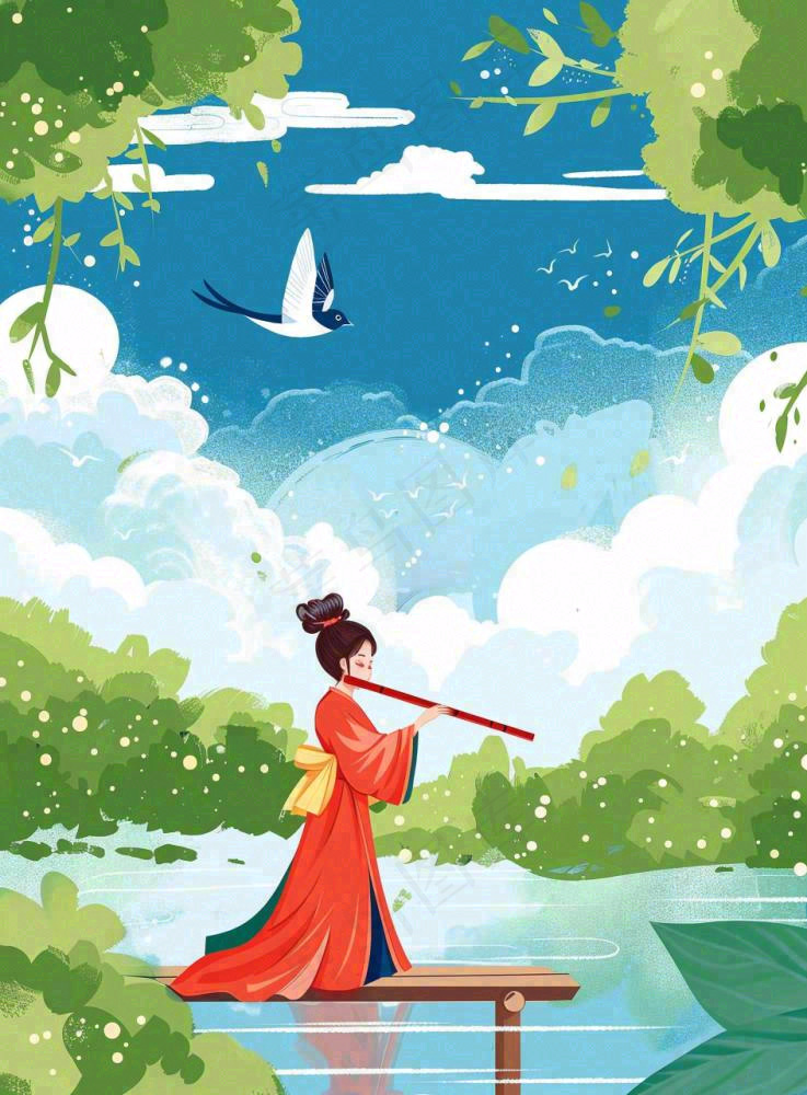 春夏古风女孩游湖吹笛小鸟绿叶大树惊蛰春分立夏清明卡通插画背景(944x1280)