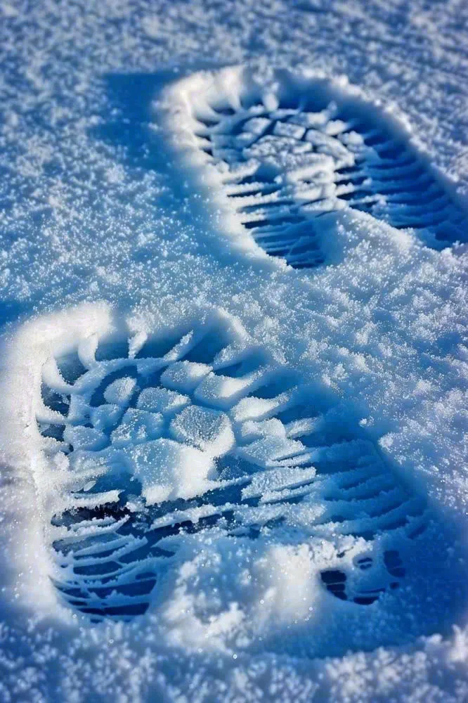 冬天雪地里的脚印蓝白色小雪大雪摄影图(896x1344)