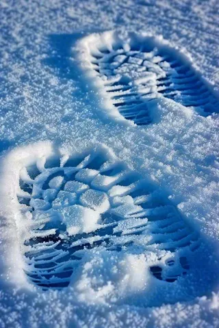 冬天雪地里的脚印蓝白色小雪大雪摄影图