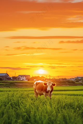 夕阳晚霞草场的牛放牛放牧摄影图
