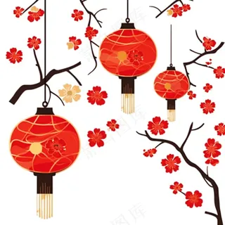 梅花红灯笼新春节日卡通插画免抠