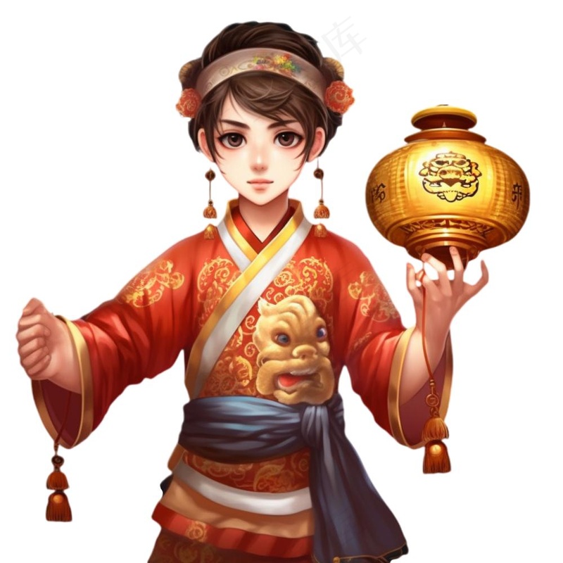新年儿童拜年张灯结彩国潮春节红色手绘卡通插画免抠(1024x1024)