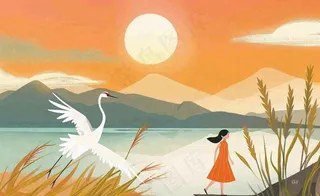 秋天夕阳下山水飞鹤女孩芦苇白露寒露插画背景