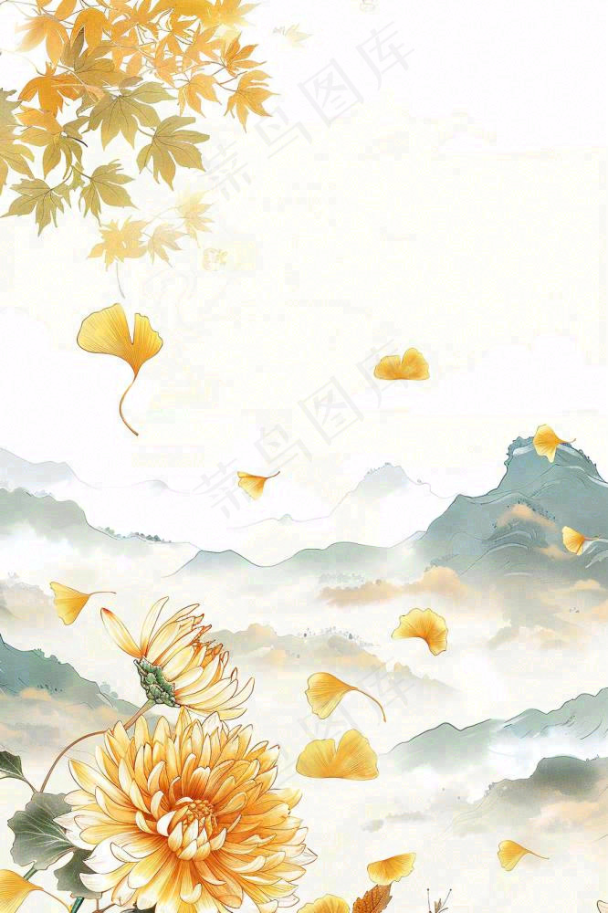 秋天黄了的银杏树银杏叶落叶菊花立秋重阳节秋分白露水墨插画背景(896x1344)