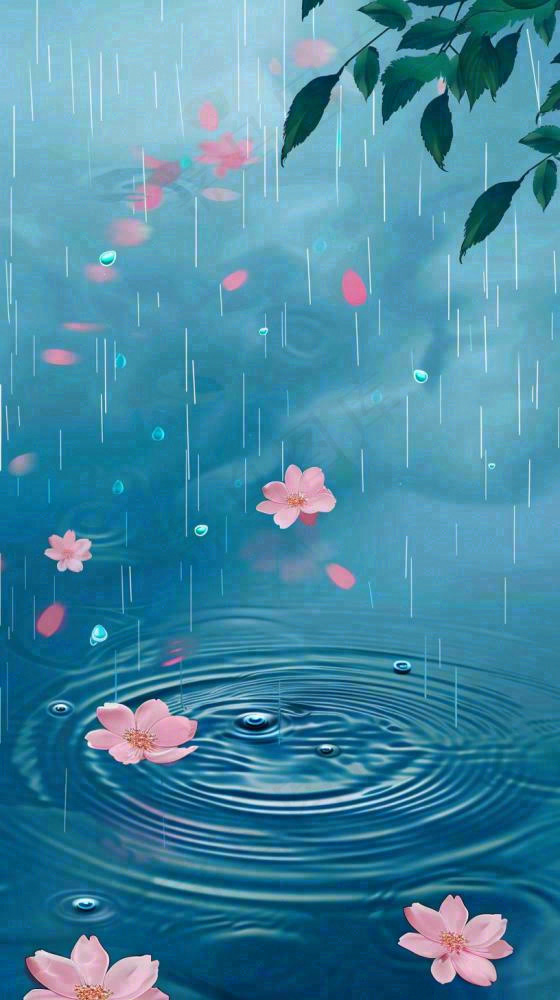 雨天雨滴低落水面泛起涟漪粉色花朵雨水谷雨寒露背景(816x1456)