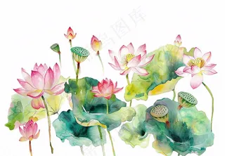 夏天荷花荷叶国风水彩画免抠