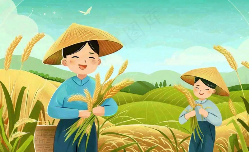 世界粮食日芒种秋收稻田麦子农民天空小满创意手绘卡通插画背景(1408x864)