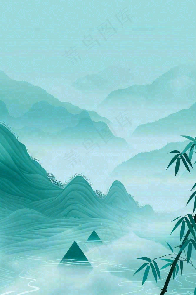 水墨画山水竹林绿色清明端午插画背景(896x1344)
