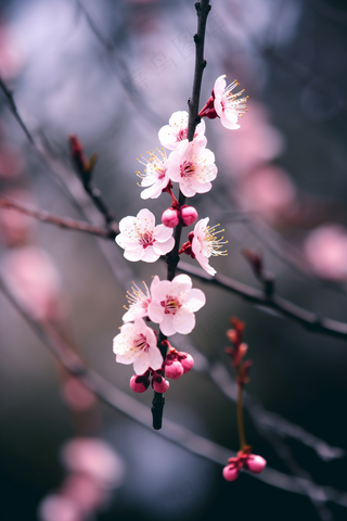 粉梅花春天桃花樱花树枝抽新芽摄影图