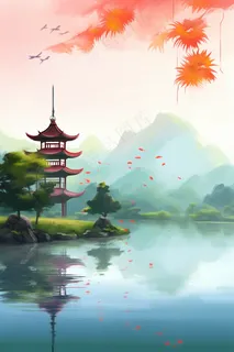 山水画凉亭湖水中国风插画背景