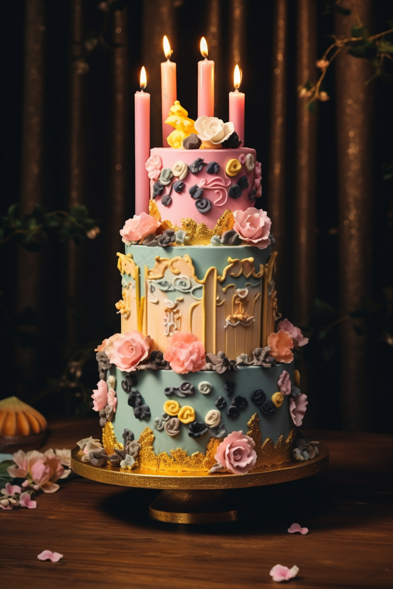 多层生日蛋糕梦幻卡通蜡烛庆祝摄影图(2688x4032)