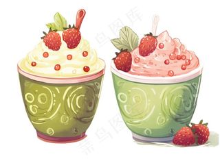 抹茶草莓奶茶奶油夏日清凉饮品卡通手绘插画免抠