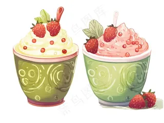 抹茶草莓奶茶奶油夏日清凉饮品卡通手绘插画免抠