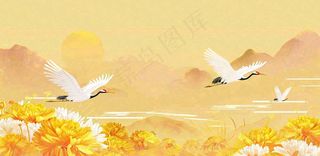 国潮风重阳菊花仙鹤山水场景插画中秋背景