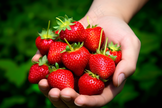 新鲜采摘草莓手捧摄影图 