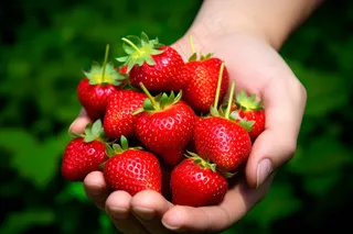 新鲜采摘草莓手捧摄影图 
