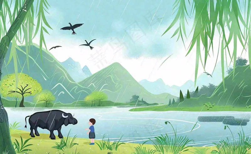 春天下雨天牧童放牛河流柳树雨水谷雨清明卡通插画背景(1408x864)