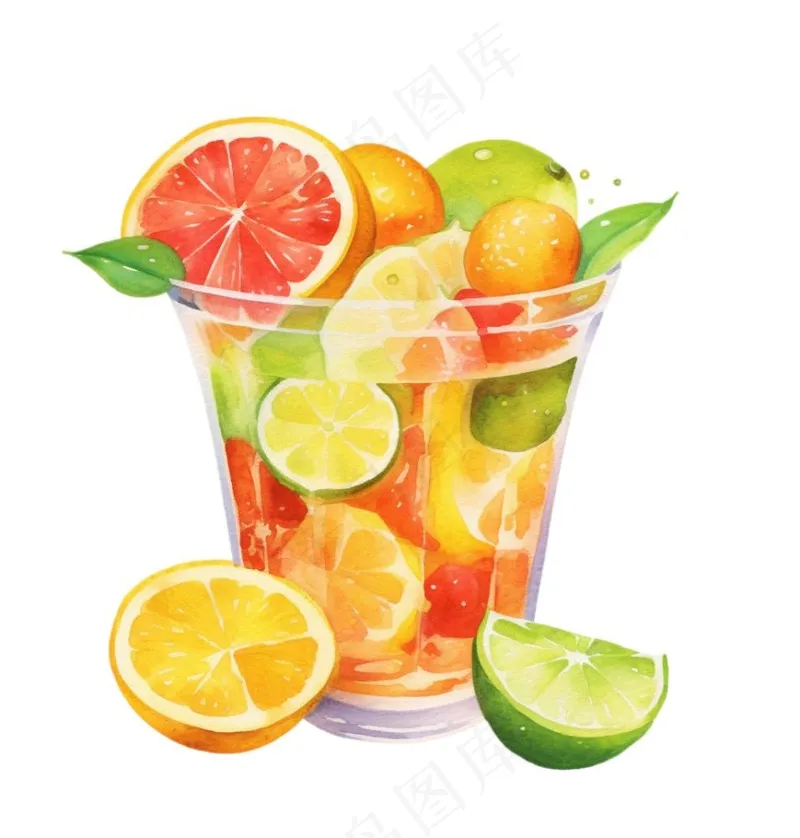 水果茶饮料草莓菠萝橙子柠檬水彩画手绘卡通插画免抠(1024x1072)