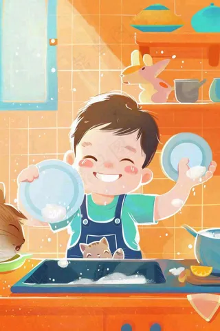 手绘五一劳动节假期学生做家务场景插画卡通劳动节儿童插画背景