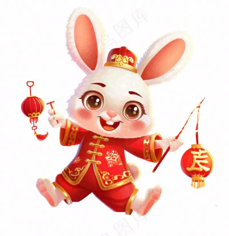 白兔兔年吉祥新年十二生肖红色喜庆卡通插画免抠(1024x1056)
