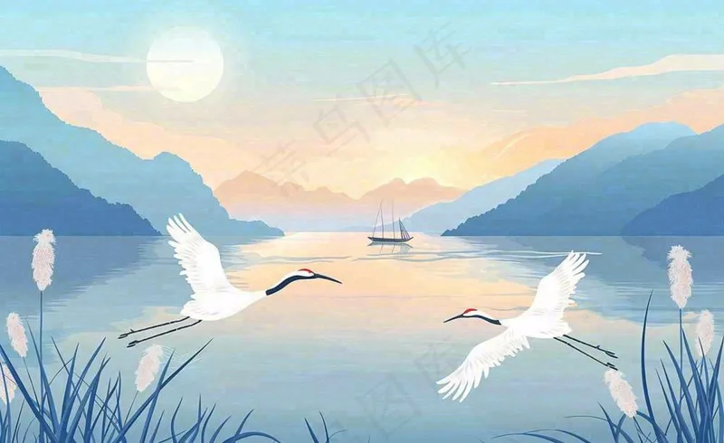 唯美白露仙鹤鸟山水风景秋天芦苇日落日出秋天插画背景(1408x864)
