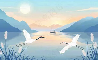 唯美白露仙鹤鸟山水风景秋天芦苇日落日出秋天插画背景