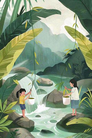 夏天孩子们在森林丛林小溪玩水嬉水处暑夏至卡通插画背景
