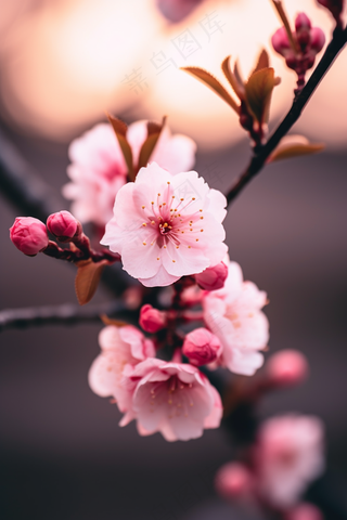 粉梅花春天桃花樱花树枝抽新芽摄影图