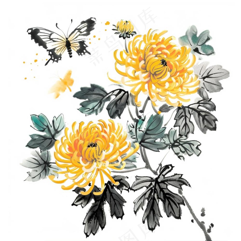 水墨菊花蝴蝶清明中秋插画免抠(1024x1024)