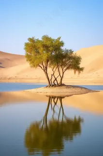沙漠绿洲湖水倒影的大树摄影图