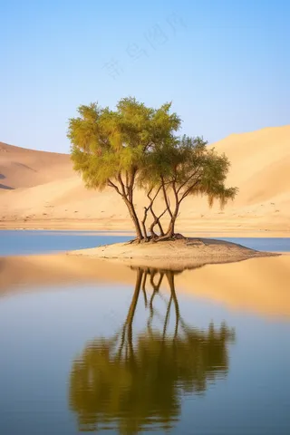 沙漠绿洲湖水倒影的大树摄影图
