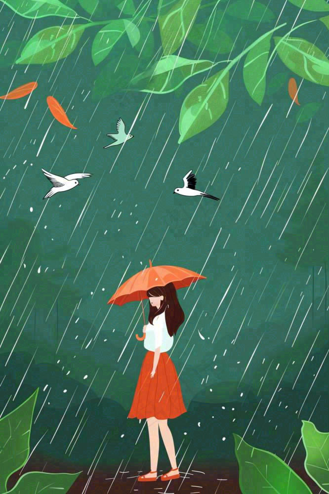 春天梅雨季红色女孩打雨伞户外绿色植物雨水谷雨卡通插画背景