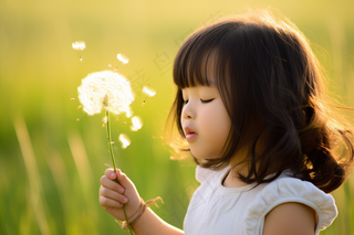 吹蒲公英的女孩可爱儿童绿色背景摄影图