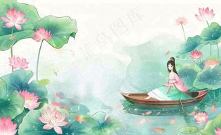 夏日清凉唯美荷花荷叶飘在水面古风少女乘小舟划船卡通人物插画处暑立夏小暑背景