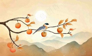秋天柿子树枝条的小鸟夕阳西下日出金秋秋分立秋重阳插画背景