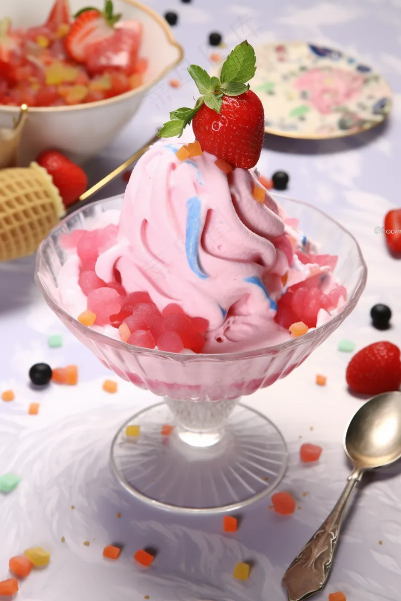 草莓冰淇淋球甜点蛋筒摄影图(2688x4032)
