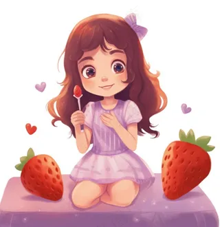 少女拿着草莓紫色衣裙美丽可爱人物卡通插画免抠