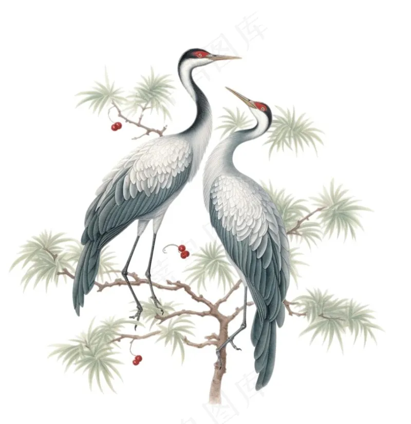 一对仙鹤站在松树上古风插画免抠(1024x1056)