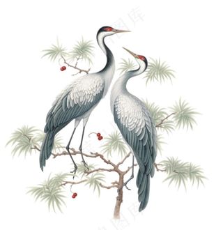 一对仙鹤站在松树上古风插画免抠