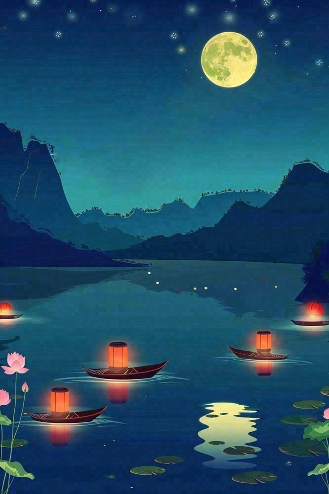 月圆之夜湖面莲花灯祈福星空中秋中元节插画背景