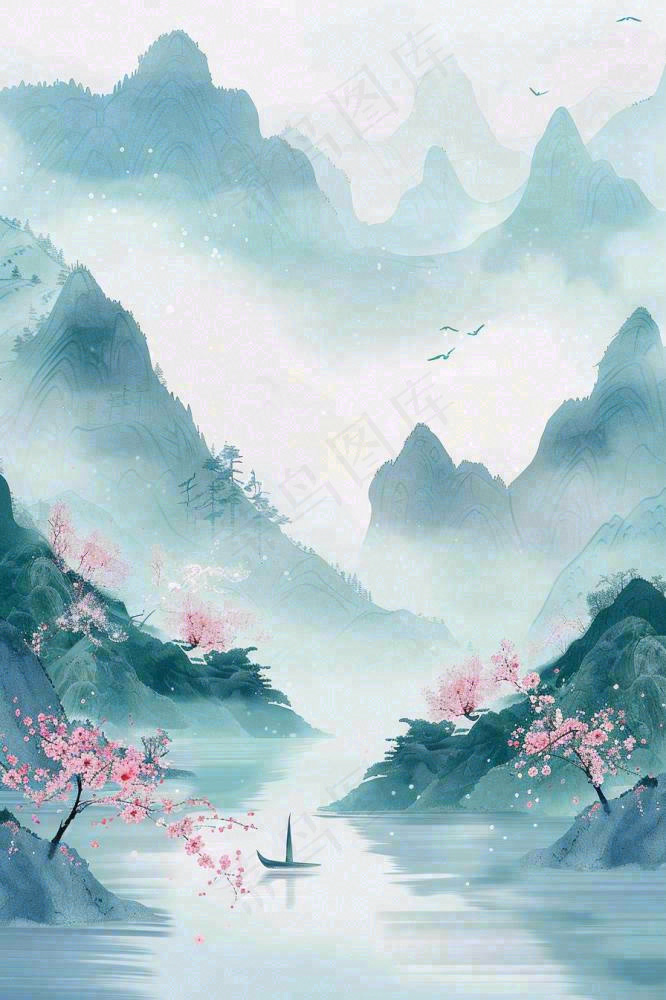 中国风水墨山水画梅花遍地开船春天春分清明插画背景