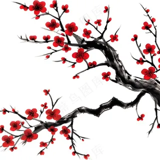 梅花红色冬天国画水彩画免抠